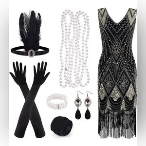 1920s Sequin Beaded Fringed Flapper Dress + Accessories